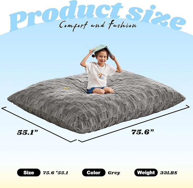 Hobestluk 3 in 1 Bean Bag Chair Giant Bean Bag Chairs for Adults with Plaid Cover Convertible Bean Bag Floor Cushion with Machine Washable Cover for Living Room (Plaid Grey)