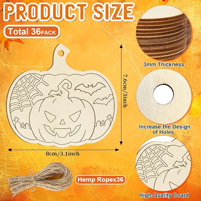 36PCS Wooden Pumpkins Ornaments to Paint Halloween Thanksgiving Decoration Cutouts Unfinished 3.5 inches, DIY Blank Unfinished Pumpkin Ornament for Home Harvest Crafts Hanging Autumn Decor（6Style）