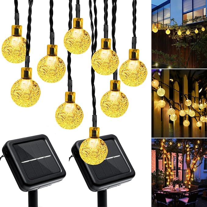 Outdoor Solar String Lights, 2x46FT 66LED 8Modes Crystal Solar Powered Christmas Fairy String Lights Waterproof for Outside Yard Fence Easter Holiday Party Garden Decor 2Pack(Warm White)