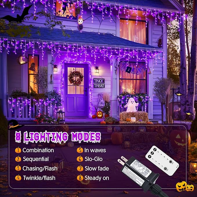 JMEXSUSS Purple Halloween Icicle Lights, 38.8 FT 400 LED Icicle Light Outdoor Waterproof, 8 Modes Purple Halloween Lights with 80 Drops Plug in for House Christmas Party Decorations
