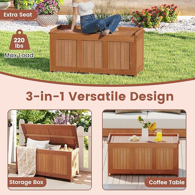 Tangkula 58 Gallon Wood Deck Box, 3-in-1 Patio Storage Bench Stool w/Flip Top for Cushions, Pool Supplies, Gardening Tools, Outdoor Container Chest for Garden, Backyard, Poolside