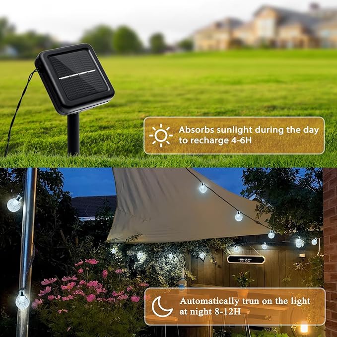 Outdoor Solar String Lights, 46FT 66LED 8Modes Crystal Solar Powered Christmas Fairy String Lights Waterproof for Outside Yard Fence Easter Holiday Party Porch Garden Decor(Pure White)