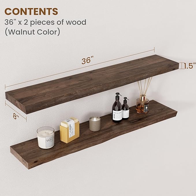 Floating Shelves for Wall Decor, Rustic Solid Elm Wood Floating Shelves Wall Mounted, Wall Shelves with Invisible Bracket for Living Room Bathroom Bedroom Kitchen, 36 Inch Set of 2, Walnut