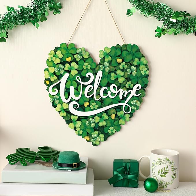 Boao St. Patrick's Day Shamrock Sign Wooden Hanging Decor Farmhouse Rustic Door Decoration St. Patrick's Day Wreath Sign with Bow Ornament for Irish Home Indoor Holiday Outdoor Farmhouse Window