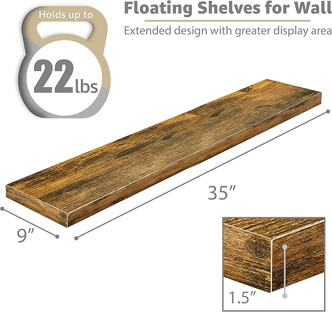 Sorbus Floating Shelves for Wall - 35 Inch Long Bathroom Shelves, Wall Decor for Bedroom, Kitchen, Living Room & Book Storage - Mounted Floating Shelf with Invisible Brackets (Rustic Brown, 3 Pack)