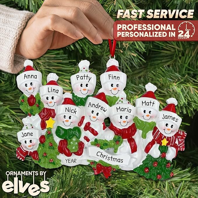 3D Snowman Family of 10 Ornament 2025 Personalized Family Christmas Ornaments 2025 | Snow People Personalized Tree Ornaments for Grandchildren, Siblings & Grandkids of Ten Ornament Snowmen Small Tree