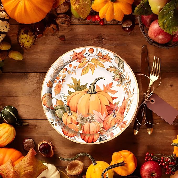 150Pcs Thanksgiving Fall Pumpkin Paper Plates and Napkins Fall Party Supplies Watercolor Pumpkin Maple Disposable Plates Autumn Plates for Fall Decor Thanksgiving Party Supplies,Serve 50 Guests