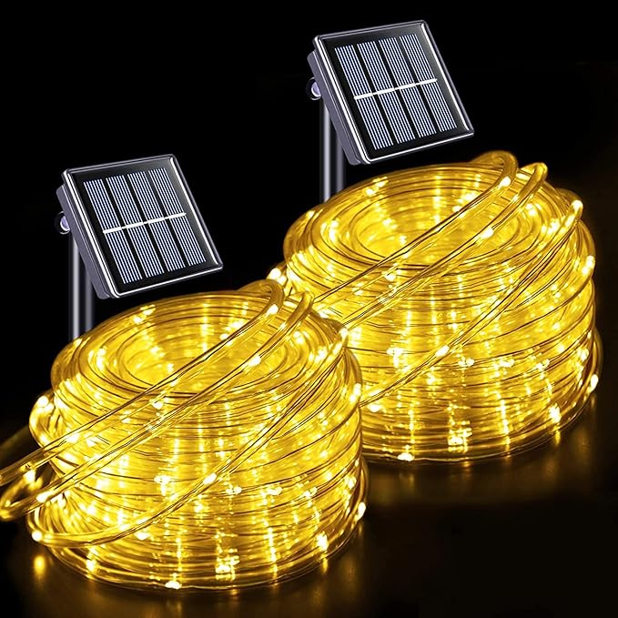 JMEXSUSS 2 Pack 100 LED Solar Rope Lights,33ft 8 Modes Solar Rope Lights Outdoor Waterproof LED Solar Powered Rope Tube for Trampoline,Fence,Gazebo,Yard,Walkway,Path(Warm White)