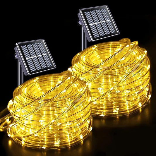 JMEXSUSS 2 Pack 100 LED Solar Rope Lights,33ft 8 Modes Solar Rope Lights Outdoor Waterproof LED Solar Powered Rope Tube for Trampoline,Fence,Gazebo,Yard,Walkway,Path(Warm White)