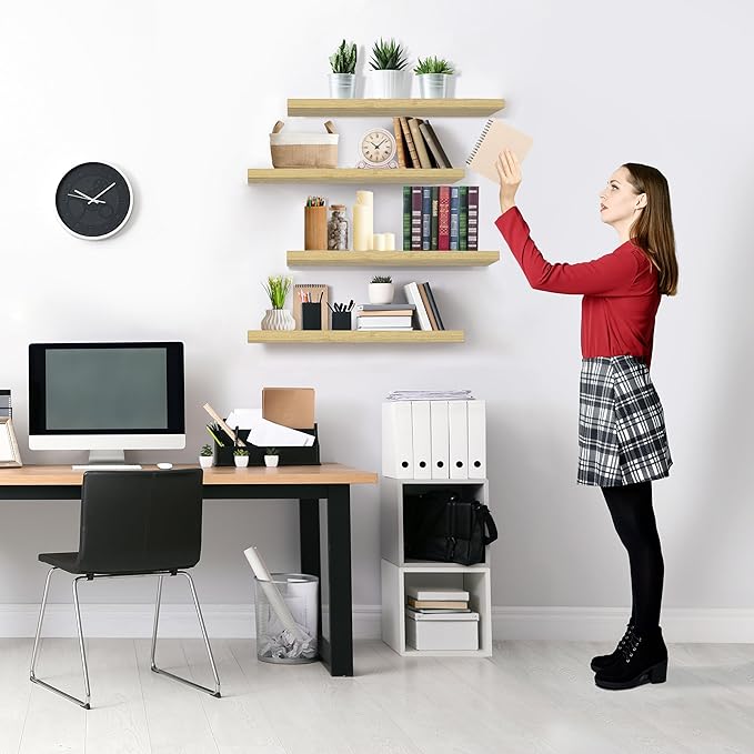 Sorbus Floating Shelves for Wall - 24" Bathroom Shelves, Wall Decor for Bedroom, Kitchen, Living Room, Home Decor & Book Storage - Mounted Floating Shelf with Invisible Brackets (Maple Wood, 4 Pack)