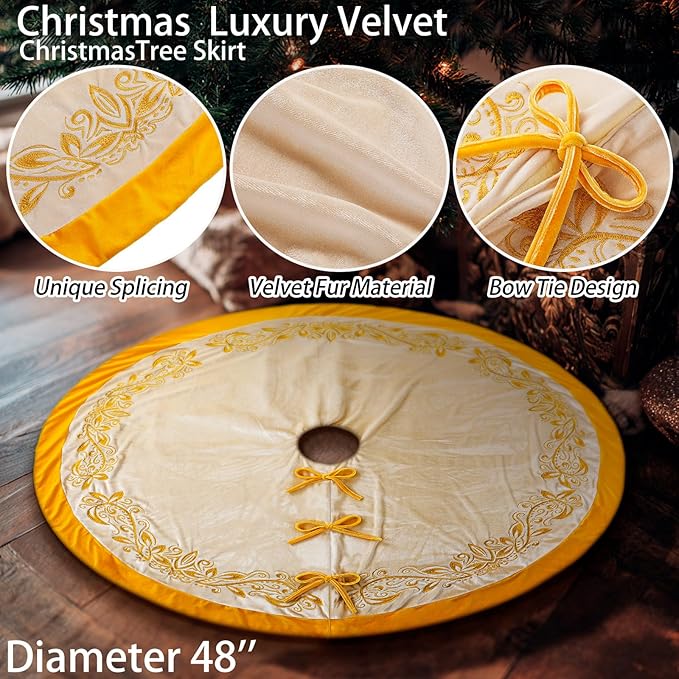Luxury Velvet Christmas Tree Skirt 48 Inch Gold Victoria Embroidery Vintage Sparking Holly Tree Skirt for Holiday Party Rustic Xmas Decorations Home(White)