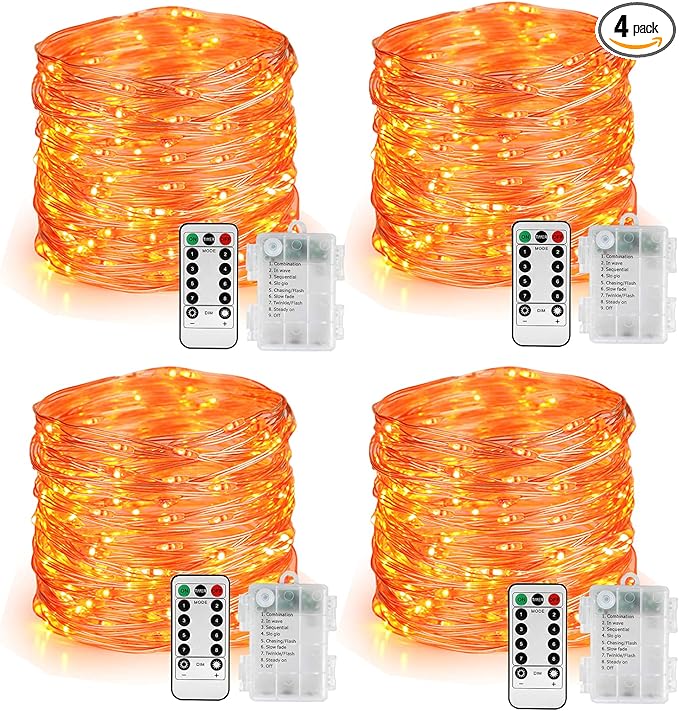 BrizLabs Orange Fairy Lights, 4 Pack 19.47ft 60 LED Orange Halloween Lights, 8 Modes Battery Halloween Light with Remote, Waterproof Outdoor Indoor Twinkle Light for Home Christmas Holiday Party Decor