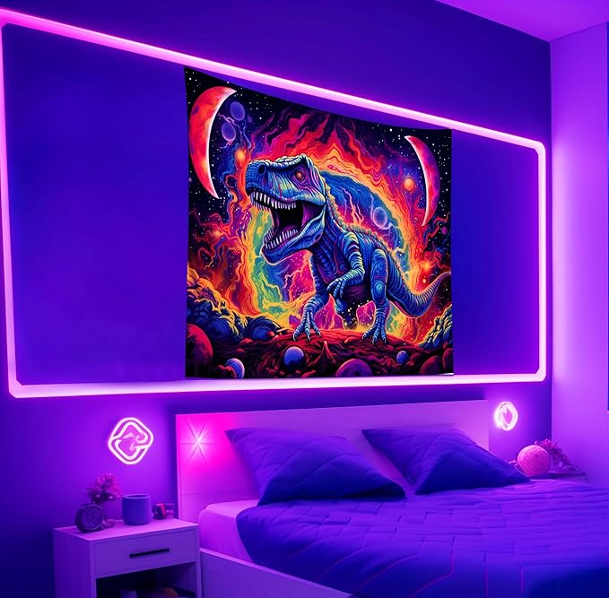 Dinosaur Wall Art, Blacklight Posters for Boys Room, UV Tapestry for Bedroom, Trippy Kids Wall Hanging, Dino Wall Decor (29x37in)