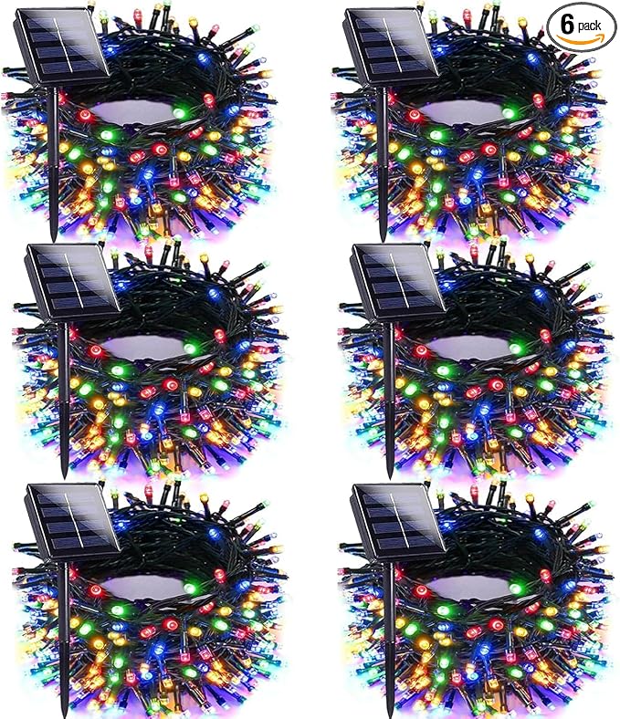 Multicolor Solar Christmas Lights Outdoor Decorations Waterproof, Tatal 6 Pack 600LED 198FT Solar String Lights Green Wire with 8 Modes, Christmas Fairy Light for Xmas Tree Party Wedding Garden Decor