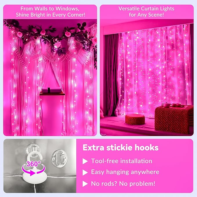 HXWEIYE 300LED Pink Fairy Curtain Hanging Lights with Remote 8 Modes Timer for Bedroom, 9.8x9.8Ft USB Plug in Christmas Fairy String Lights for Outdoor, Weddings, Party, Garden, Wall, Decorations