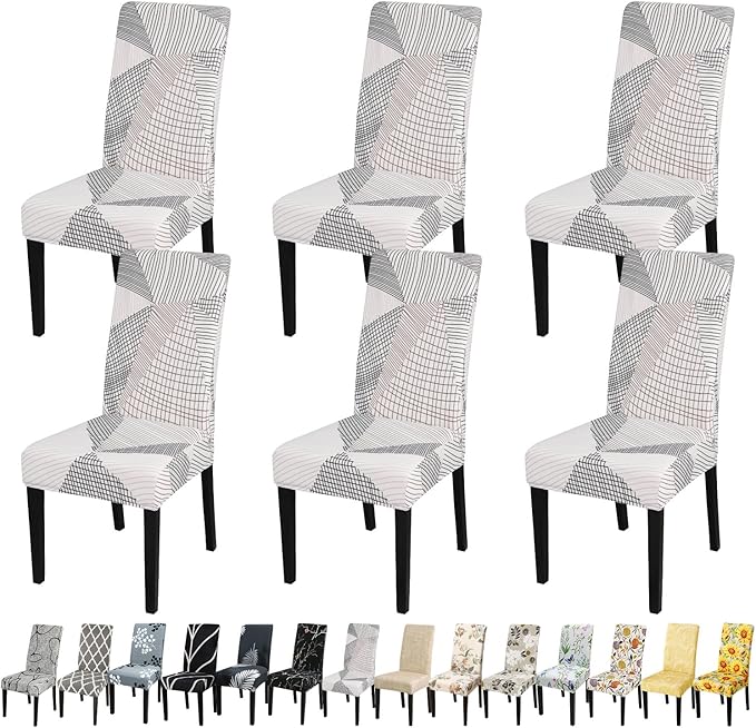 JQinHome White Chair Covers for Dining Room Set of 6, High Stretch Removable Washable Parsons Chair Slipcover for Home Party Hotel Wedding Ceremony (6PCS, Geometric)