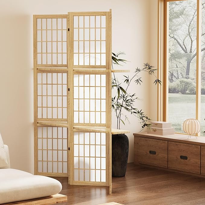 5.6FT Room Divider and Folding Portable Partition Screen, Chinese Japanese Shoji Style with Three Display Shelves for Room Separation - 4 Panel (Natural)