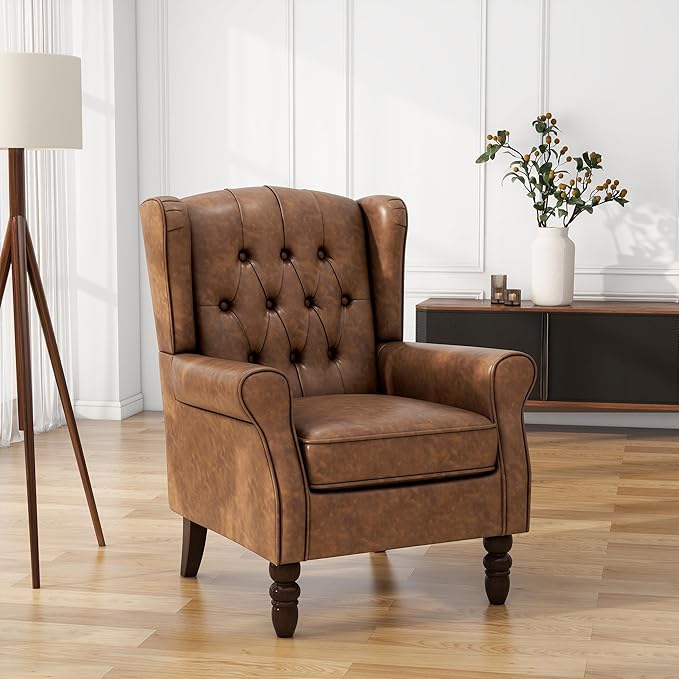 UIXE Faux Leather Accent Chairs Set of 2, High Back Upholstered Armchair for Living Room, Wingback Tufted Arm Chair Comfy Single Sofa Bedroom Reading Seat with Solid Wood Legs - Brown
