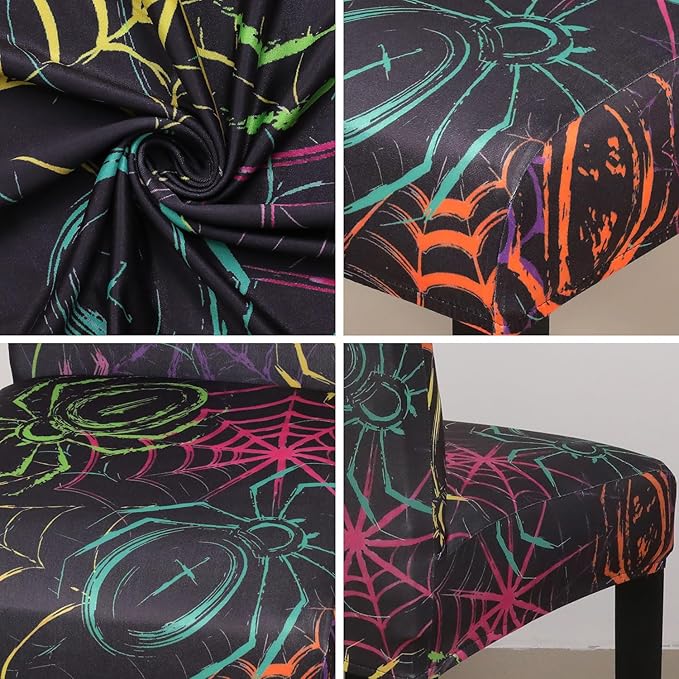 JQinHome Spider Halloween Chair Slipcover,Web Black Chair Covers Set of 4, High Stretch Washable Chair Protector Cover for Dining Room, Kitchen,Home Party,Wedding Ceremony(Spider,4PC)