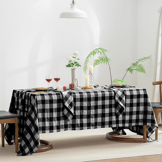 EVERLY 100% Yarn-Dyed Linen Rectangle Tablecloths 60x120Inches for Dining,Buffet Parties,Picnic,Events and Restaurants,Decorative Halloween,Thanksgiving Machine Washable Tablecloths-Black Plaid