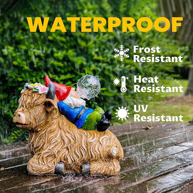 Solar Highland Cow Gnome Garden Decor Statue, Outdoor Funny Solar Light Decoration for Yard, Patio, Lawn, Unique Housewarming, Birthday Gift for Women, Mom, Grandma