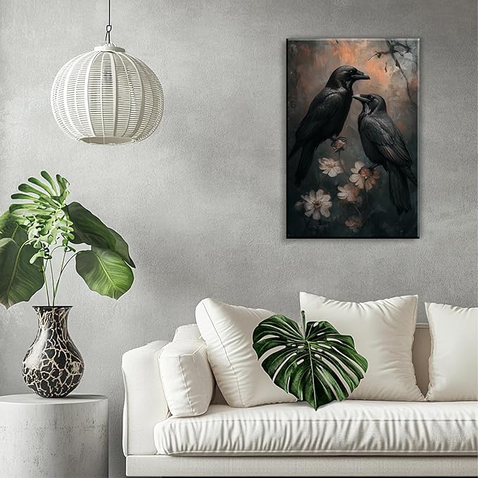 OAAPITI Birds Canvas Wall Art Black Couple Crow Picture Print Vintage Gothic Raven Artwork for Living Room Halloween Home Wall Decor(Artwork-7,20"x30")