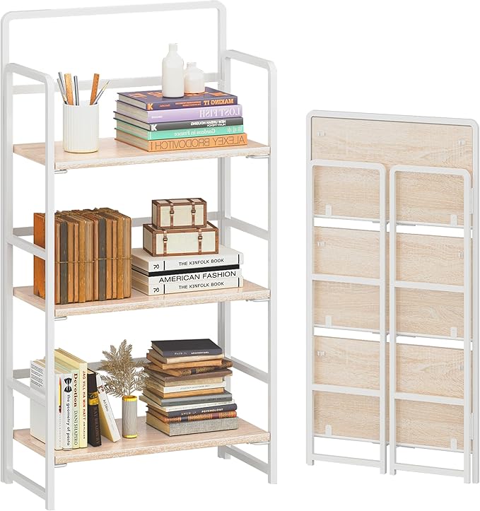 4NM No Assembly Foldable Bookshelf, 3-Shelf Collapsible Bookcase Storage for Small Spaces, 42.1" H, Natural White