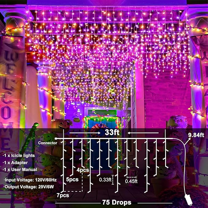 Orange and Purple Halloween Lights Outdoor Indoor, 33ft Icicle Lights for Outside 400 LED Twinkle Christmas Light with 75 Drops Clear Wire Short Curtain Light for House Party Tree Holiday Yard Decor