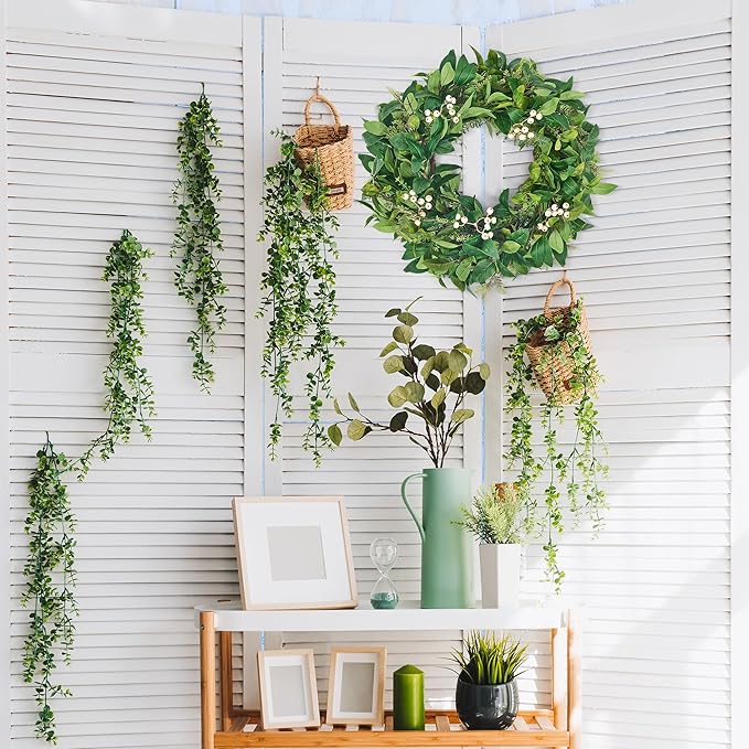 GENMOUS 24 Inch Christmas Wreaths for Front Door, Green Cypress Leaves Wreath with Cedar Laurel White Berries, All Season Indoor Outdoor Wedding Holiday Christmas Home Wall Door Porch Decor