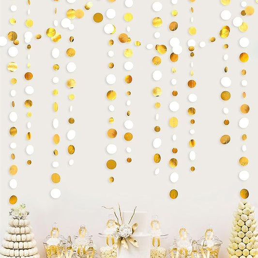 46 Feet White and Gold Circle Dots Garland Hanging Paper Polka Dots Streamer for Birthday Bachelorette Engagement Anniversary Wedding Baby Bridal Shower Christmas Holiday Party Decorations Supplies