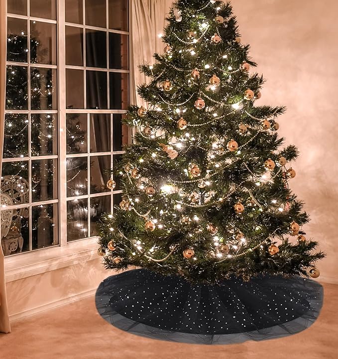 Christmas Wedding Tree Skirt,45 inch 4-Layer Fluffy Romantic Pleated Sparkly Halloween Skirt Decoration Xmas Tree Ornament for Holiday and Party(Black)