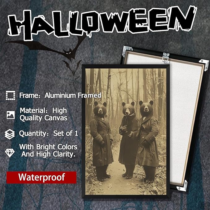 Vintage Horror Halloween Wall Decor Spooky The Three Bears In Occult Forest Spooky Canvas Wall Art Poster Gothic Dark Academia Decorations Room Creepy Print 16X24inch Aluminum Framed