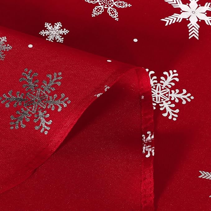 LUSHVIDA Christmas Tablecloth Round - 60inch Snowflakes Foil Print Pattern Washable Wrinkle Resistant Holiday Tablecloths for Christmas Family Gathering, Dining Room Table 130GSM