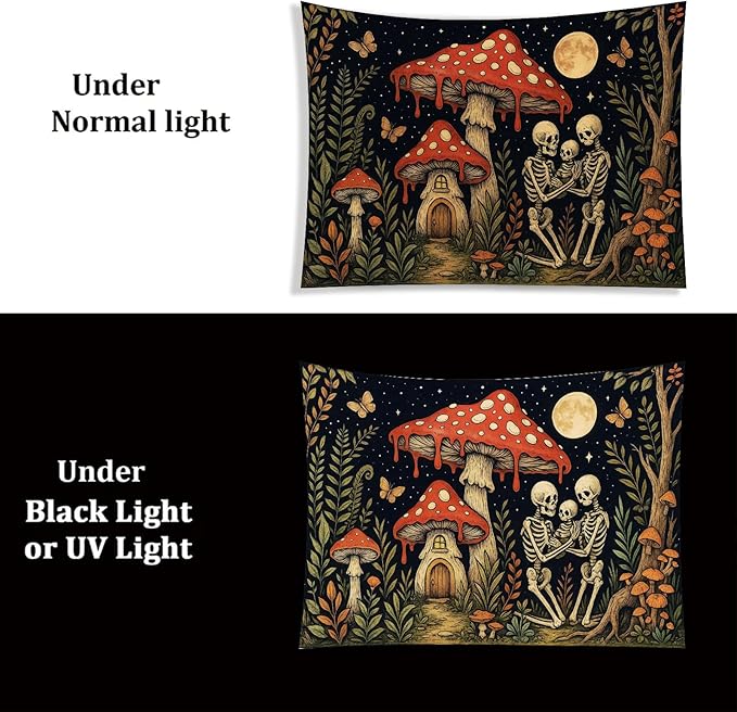 Starlit Patio Skeleton Family Blacklight Tapestry UV Reactive Wall Hanging Mushroom House and Moon for Bedroom Dorm Living Room Glowing Cottagecore Decor Fluorescent Trippy Poster 78 x 59 Inch