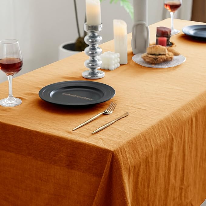 EVERLY 100% Pure Linen Rectangle Tablecloths 60x108Inches for Dining,Buffet Parties,Picnic,Events,Weddings and Restaurants,Decorative Halloween,Thanksgiving Machine Washable Tablecloths-Caramel