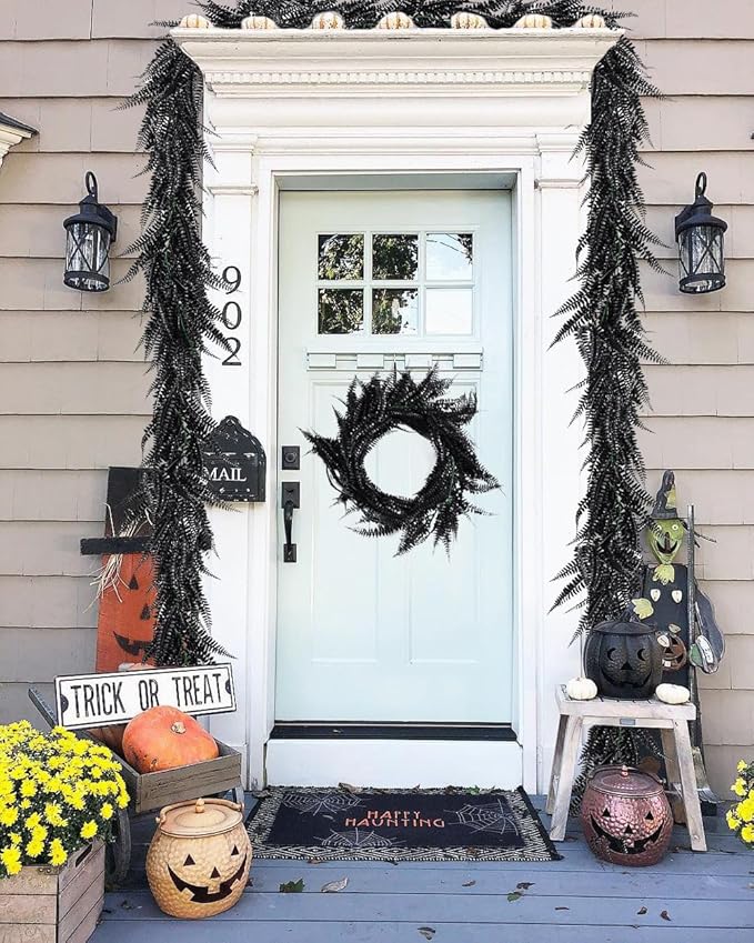 RECUTMS 2pcs Black Garland Artificial Hanging Plants 6 FT Boston Faux Ferns Garland Halloween Thanksgiving Party Outdoor Indoor Decor for Home