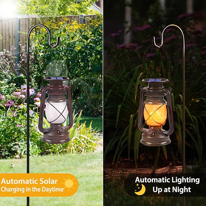 Solar Powered LED Lanterns Decorative Outdoor,2 Pack Bronze Vintage Lanterns with Dancing Flame,Waterproof Solar Hanging Lights for Camping Patio Garden Yard Pathway Decor