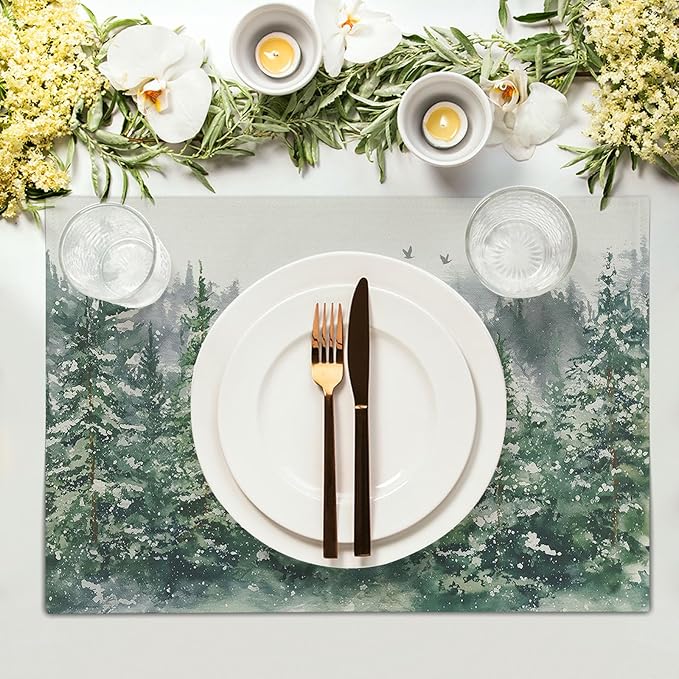 Green Watercolor Tree Christmas Placemats Set of 4 Seasonal Winter Theme Place Mats 12x18 Inch Xmas Holiday Washable Table Mats for Home Party Kitchen Dining