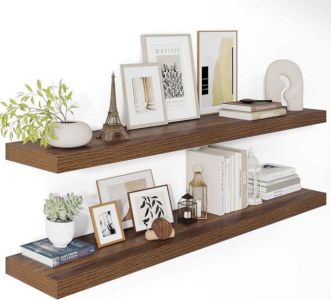 Wide Floating Shelves for Wall 12 Inch Deep, 48" X 12" X 2" Floating Shelf, 2 Inch Thick Shelf for Bathroom Bedroom Kitchen Book Room, Heavy Duty 75lbs Shelves for Farmhouse Decor Set of 2, Walnut