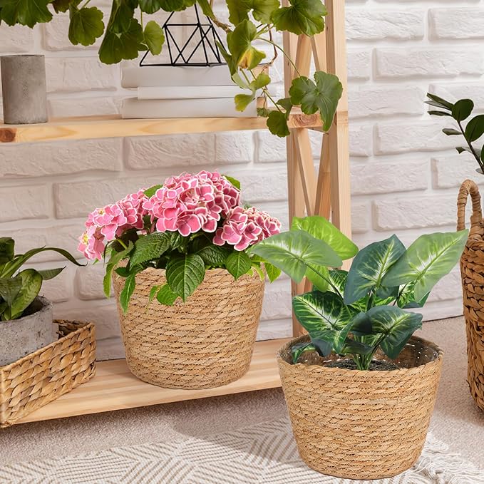 Woven Straw Flower Pot Seagrass Planters Basket Garden Plant Pot Containers Wicker Rattan Vase Sundries Organizer Storage Bins for Indoor Outdoor Plants