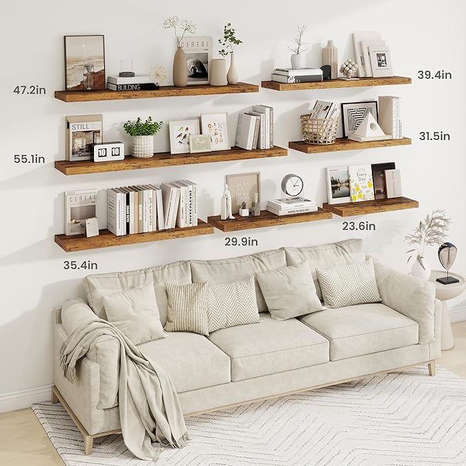 Fun Memories 48 Inch Deep Floating Shelves for Wall, 2 Pack of Long Wall Mounted Wood Shelves with Invisible Brackets for Bathroom, Bedroom, Living Room, Kitchen Decor and Storage, Brown