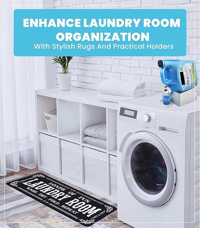 TidyFriend Laundry Detergent Holder with Laundry Room Rug Runner, Detergent Stand for Spill Protection, Non-Slip Runner Mat, and Stylish Room Organizer for Home & Laundry Spaces