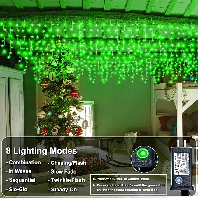 Icicle Lights for Outside, 33FT 400 LED Christmas Lights Outdoor with 8 Modes 75 Drops, Waterproof Connectable Twinkle String Decoration Light for Home Eaves Party Yard Garden Decor, Green