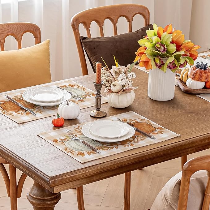 Romanstile Fall Placemats Set of 8-12 X 18 Inch - Thanksgiving Autumn Harvest Pumpkin Buffalo Plaid Place Mats, Stain Resistant Wipeable Table Mats for Party/Dining/Holiday- Orange Checkered
