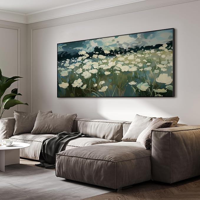 SIGNWIN 36"x72" Extra Large Framed Wall Art White Wildflower Field in Impressionist Style, Soft Floral Landscape for Home Living Room Bedroom Decor (Frame Assembly Required)