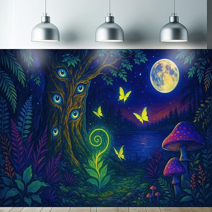 Starlit Patio Fantasy Forest Blacklight Tapestry UV Reactive Wall Hanging Glowing Tree Eyes Butterflies Mushrooms Moon for Bedroom Dorm Living Room Psychedelic Nature Decor Fluorescent Poster 78 x 59 Inch