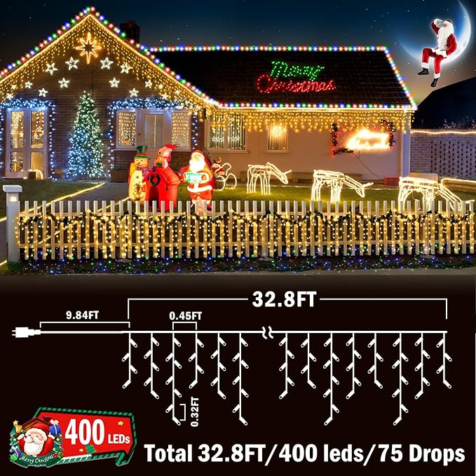 KNONEW Christmas Lights Outdoor Color Changing 400 LED 33ft 11 Modes Curtain Fairy String Light with 75 Drops, Clear Wire LED Lights for Wedding Party Holiday Christmas (Warm White to Multicolor)