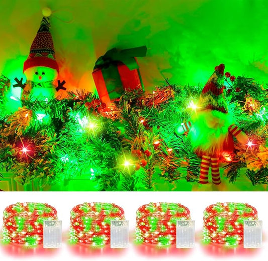 4 Pack 60LED Christmas Fairy Lights Battery Operated - 20FT Twinkle Lights with 2 Lighting Modes Indoor Outdoor, Waterproof Led Fairy String Lights for Bedroom, Classroom, Dorm, DIY Decor, Red & Green