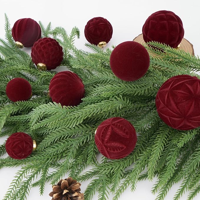 46PCS Velvet Christmas Ball Ornaments Set, Flocked Shatterproof Xmas Tree Decor, Assorted Hanging Ornaments with Loop for Holiday Home Decor, Christmas Tree, Mantel, Party Decoration (Red)