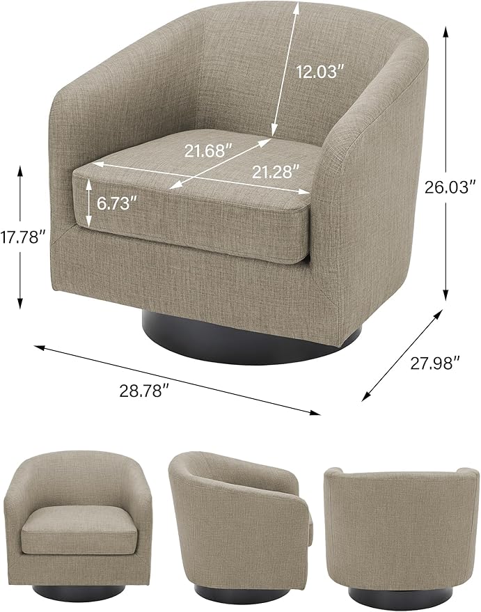 Swivel Barrel Accent Chair, Modern Round Linen Arm Chair for Living Room, Bedroom, Comfy Club Reading Chairs for Adults-Linen Fabric Light Brown, 1SEAT